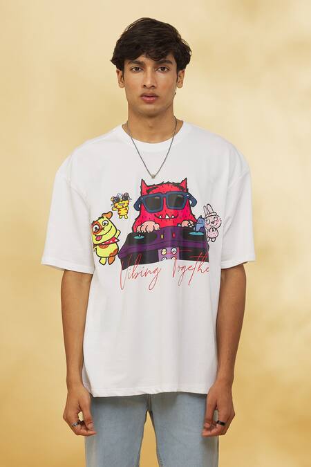 Theorem_White Cotton Vibing Together Monster Print Tee _at_Aza_Fashions