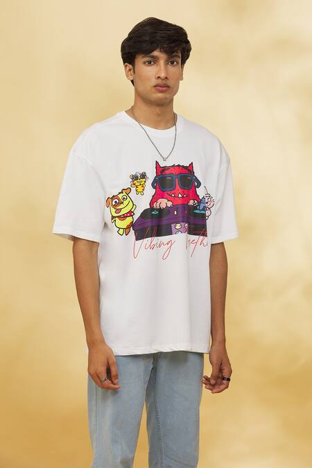 Theorem_White Cotton Vibing Together Monster Print Tee _Online_at_Aza_Fashions