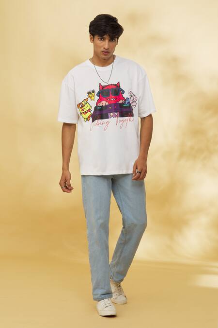 Buy_Theorem_White Cotton Vibing Together Monster Print Tee _Online_at_Aza_Fashions