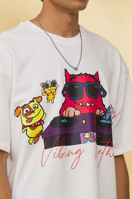 Shop_Theorem_White Cotton Vibing Together Monster Print Tee _Online_at_Aza_Fashions