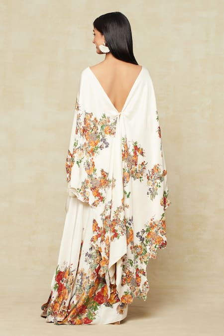 Shop Anamika Khanna White Embroidery Floral Print Cape Draped Skirt Set at Aza Fashions Shop_Anamika Khanna_White Embroidery Floral Print Cape Draped Skirt Set_at_Aza_Fashions