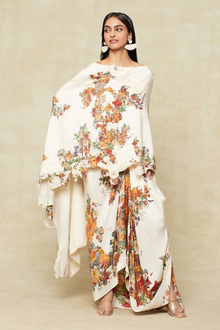 Buy Anamika Khanna White Embroidery Floral Print Cape Draped Skirt Set Buy_Anamika Khanna_White Embroidery Floral Print Cape Draped Skirt Set