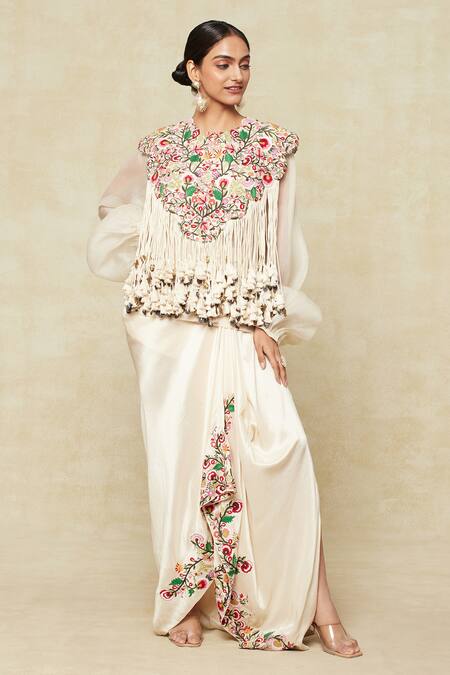 Buy Anamika Khanna White Silk, Satin Tassels, Embroidery Asymmetric, Round Neck Cape Skirt Set Buy_Anamika Khanna_White Silk, Satin Tassels, Embroidery Asymmetric, Round Neck Cape Skirt Set
