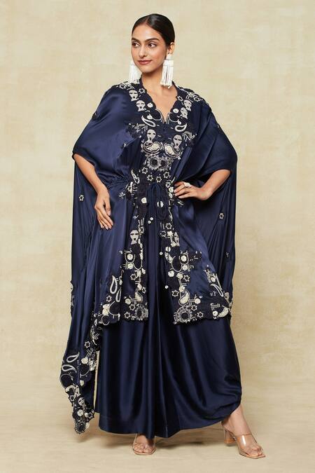 Anamika Khanna_Blue Paisley Embroidered Cape And Draped Skirt Set_at_Aza_Fashions
