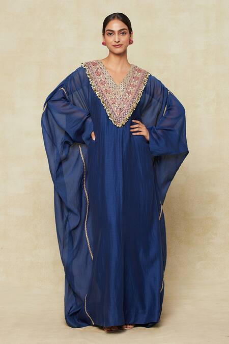 Shop Anamika Khanna Blue Embroidery V-neck Yoke Kaftan Online at Aza Fashions Shop_Anamika Khanna_Blue Embroidery V-neck Yoke Kaftan_Online_at_Aza_Fashions