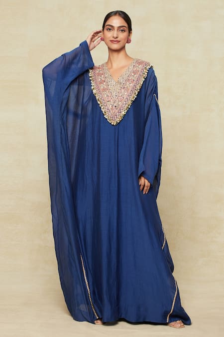 Anamika Khanna Blue Embroidery V-neck Yoke Kaftan at Aza Fashions Anamika Khanna_Blue Embroidery V-neck Yoke Kaftan_at_Aza_Fashions