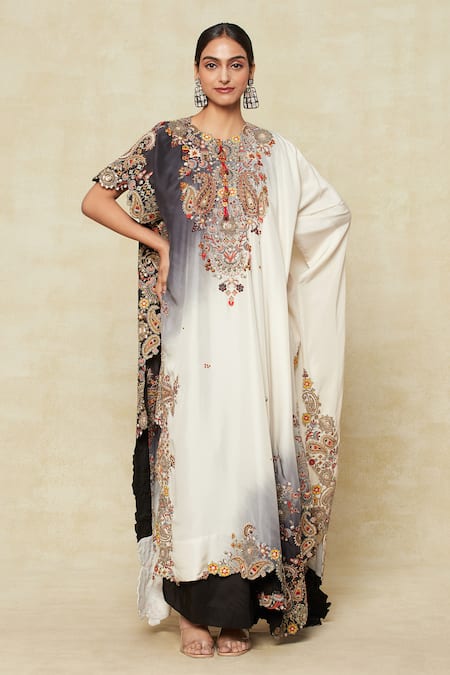 Shop_Anamika Khanna_Grey Cotton, Silk Embroidery Round Neck Paisley Tunic And Draped Skirt Set_Online_at_Aza_Fashions