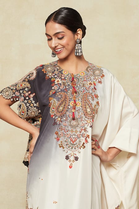 Anamika Khanna_Grey Cotton, Silk Embroidery Round Neck Paisley Tunic And Draped Skirt Set_at_Aza_Fashions