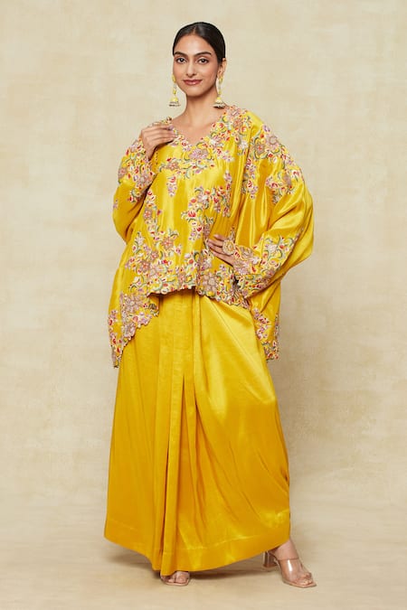 Shop Anamika Khanna Yellow Satin, Silk Embroidery V-neck Floral Kaftan Top And Draped Skirt Set Online at Aza Fashions Shop_Anamika Khanna_Yellow Satin, Silk Embroidery V-neck Floral Kaftan Top And Draped Skirt Set_Online_at_Aza_Fashions