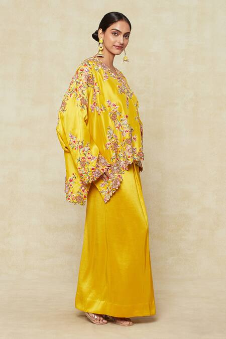 Anamika Khanna Yellow Satin, Silk Embroidery V-neck Floral Kaftan Top And Draped Skirt Set at Aza Fashions Anamika Khanna_Yellow Satin, Silk Embroidery V-neck Floral Kaftan Top And Draped Skirt Set_at_Aza_Fashions