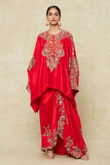 Shop Anamika Khanna Red Silk Embroidery Collared Paisley Tunic Kaftan And Draped Skirt Set Online at Aza Fashions Shop_Anamika Khanna_Red Silk Embroidery Collared Paisley Tunic Kaftan And Draped Skirt Set_Online_at_Aza_Fashions