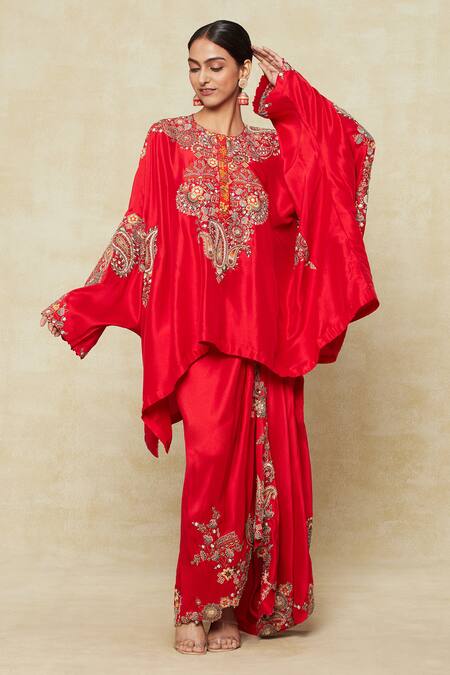 Anamika Khanna Red Silk Embroidery Collared Paisley Tunic Kaftan And Draped Skirt Set at Aza Fashions Anamika Khanna_Red Silk Embroidery Collared Paisley Tunic Kaftan And Draped Skirt Set_at_Aza_Fashions