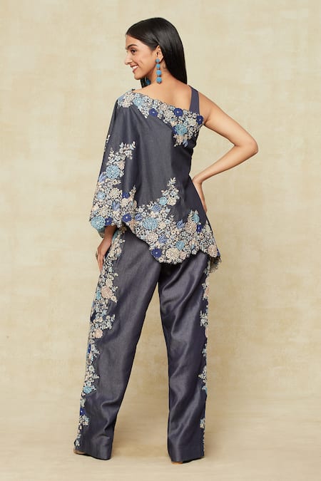 Anamika Khanna Denim Floral Embroidered Cape & Pant Set 