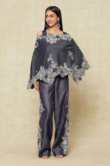 Anamika Khanna Blue One Shoulder, Round Neck Denim Floral Embroidered Cape And Pant Set at Aza Fashions Anamika Khanna_Blue One Shoulder, Round Neck Denim Floral Embroidered Cape And Pant Set_at_Aza_Fashions