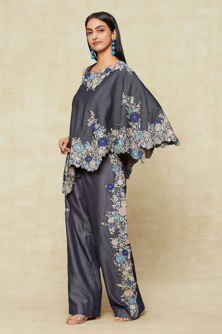Buy Anamika Khanna Blue One Shoulder, Round Neck Denim Floral Embroidered Cape And Pant Set Buy_Anamika Khanna_Blue One Shoulder, Round Neck Denim Floral Embroidered Cape And Pant Set