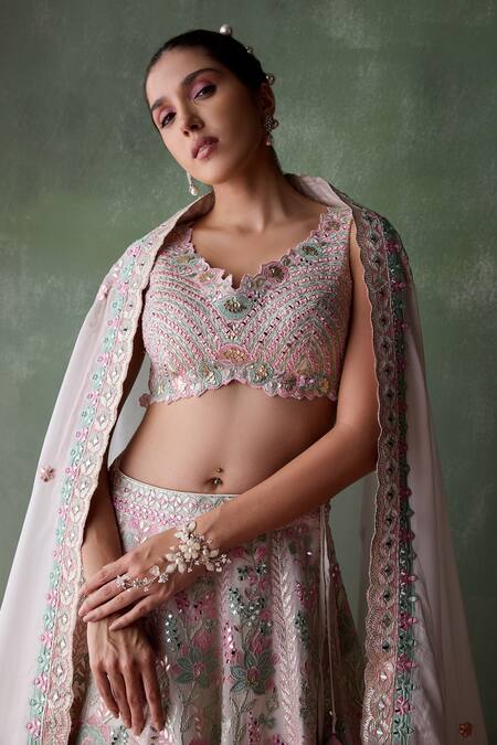 Shop_SUHINO_White Organza, Cotton Embroidery, Gardenia Bloom Patchwork Bridal Lehenga Set _Online_at_Aza_Fashions