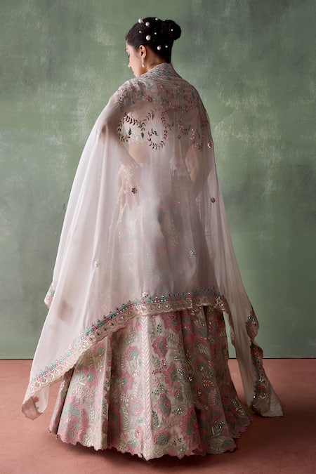 SUHINO_White Organza, Cotton Embroidery, Gardenia Bloom Patchwork Bridal Lehenga Set _at_Aza_Fashions