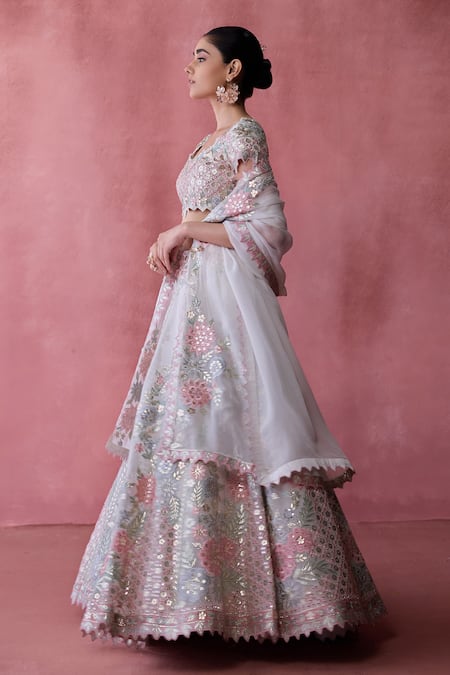 Shop_SUHINO_White Organza, Cotton Mirrors, Patchwork, Gota Patti, Bahar Lehenga Set _Online_at_Aza_Fashions