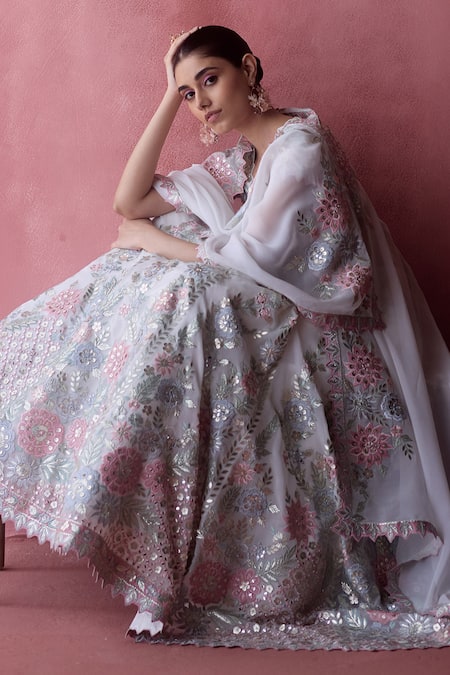 SUHINO_White Organza, Cotton Mirrors, Patchwork, Gota Patti, Bahar Lehenga Set _at_Aza_Fashions