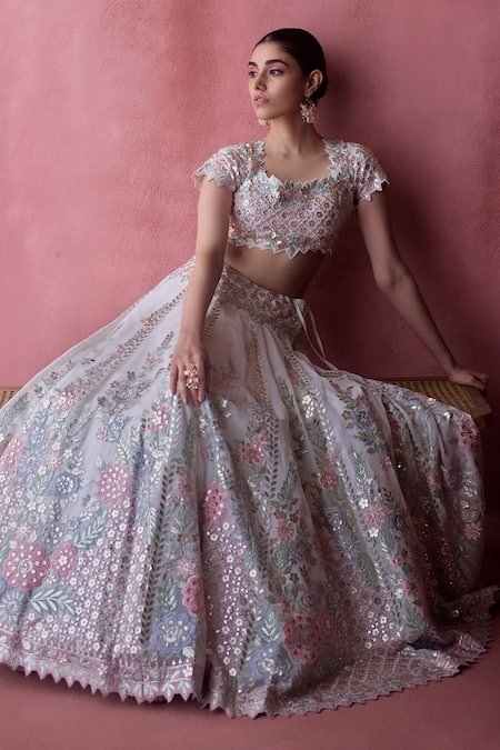 Shop_SUHINO_White Organza, Cotton Mirrors, Patchwork, Gota Patti, Bahar Lehenga Set 