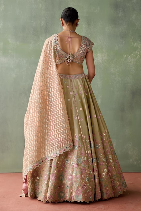 Shop SUHINO Green Silk, Cotton, Brocade Gota Patti, Gulbahar Embroidered Lehenga Set at Aza Fashions Shop_SUHINO_Green Silk, Cotton, Brocade Gota Patti, Gulbahar Embroidered Lehenga Set _at_Aza_Fashions