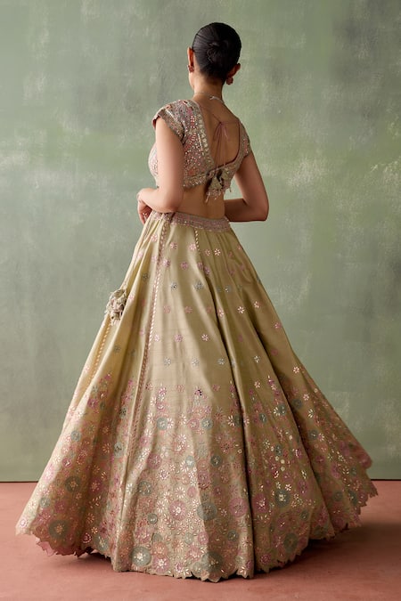 SUHINO Green Silk, Cotton, Brocade Gota Patti, Gulbahar Embroidered Lehenga Set Online at Aza Fashions SUHINO_Green Silk, Cotton, Brocade Gota Patti, Gulbahar Embroidered Lehenga Set _Online_at_Aza_Fashions