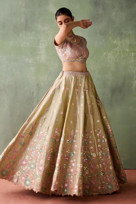 Buy SUHINO Green Silk, Cotton, Brocade Gota Patti, Gulbahar Embroidered Lehenga Set Online at Aza Fashions Buy_SUHINO_Green Silk, Cotton, Brocade Gota Patti, Gulbahar Embroidered Lehenga Set _Online_at_Aza_Fashions