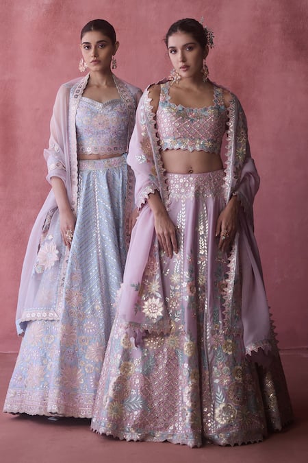 Buy_SUHINO_Blue Silk, Organza, Cotton Patchwork, Mirrors, Gullista Chevron Lehenga Set _Online_at_Aza_Fashions