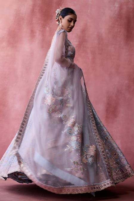 Shop_SUHINO_Blue Silk, Organza, Cotton Patchwork, Mirrors, Gullista Chevron Lehenga Set _Online_at_Aza_Fashions