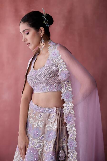SUHINO_Purple Silk, Cotton, Organza Mirrors, Embroidery, Gulshan Fleur Lehenga Set _Online_at_Aza_Fashions