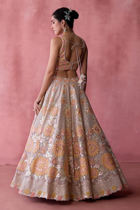 Shop SUHINO Grey Organza, Cotton Patchwork, Mirrors, Gota Patti, Florence Jaal Lehenga Set at Aza Fashions Shop_SUHINO_Grey Organza, Cotton Patchwork, Mirrors, Gota Patti, Florence Jaal Lehenga Set _at_Aza_Fashions