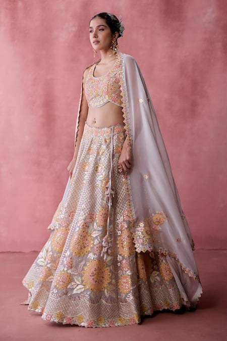 SUHINO Grey Organza, Cotton Patchwork, Mirrors, Gota Patti, Florence Jaal Lehenga Set Online at Aza Fashions SUHINO_Grey Organza, Cotton Patchwork, Mirrors, Gota Patti, Florence Jaal Lehenga Set _Online_at_Aza_Fashions