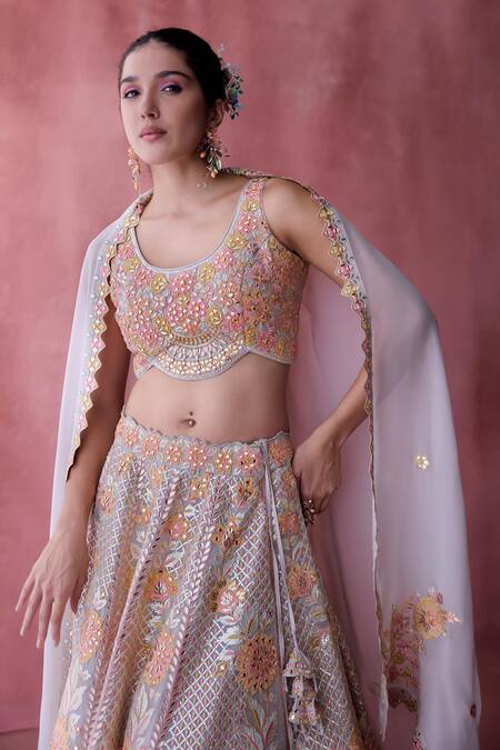Buy SUHINO Grey Organza, Cotton Patchwork, Mirrors, Gota Patti, Florence Jaal Lehenga Set Online at Aza Fashions Buy_SUHINO_Grey Organza, Cotton Patchwork, Mirrors, Gota Patti, Florence Jaal Lehenga Set _Online_at_Aza_Fashions