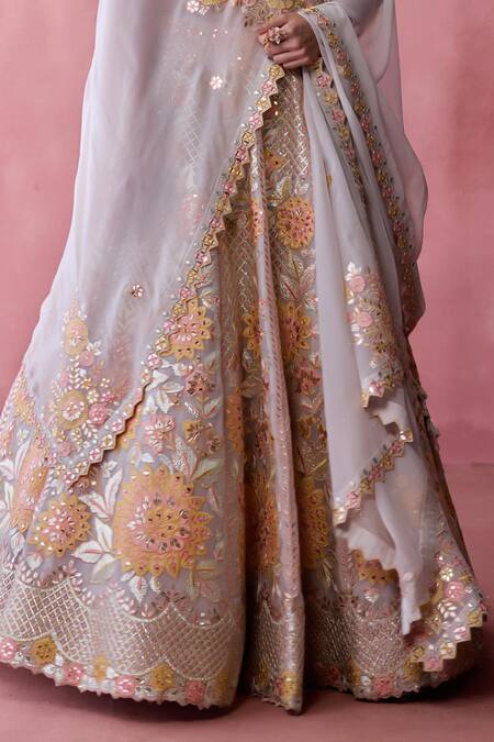 Shop SUHINO Grey Organza, Cotton Patchwork, Mirrors, Gota Patti, Florence Jaal Lehenga Set Online at Aza Fashions Shop_SUHINO_Grey Organza, Cotton Patchwork, Mirrors, Gota Patti, Florence Jaal Lehenga Set _Online_at_Aza_Fashions