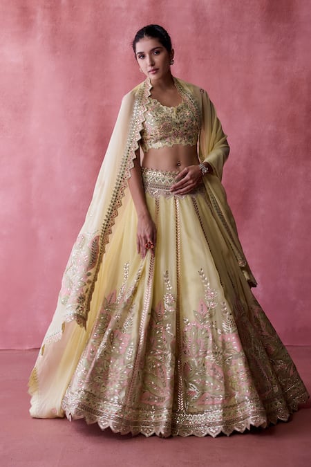 Suhino Yellow Organza Lining Cotton Shantoon Embroidery Noor Gul Lehenga Set 