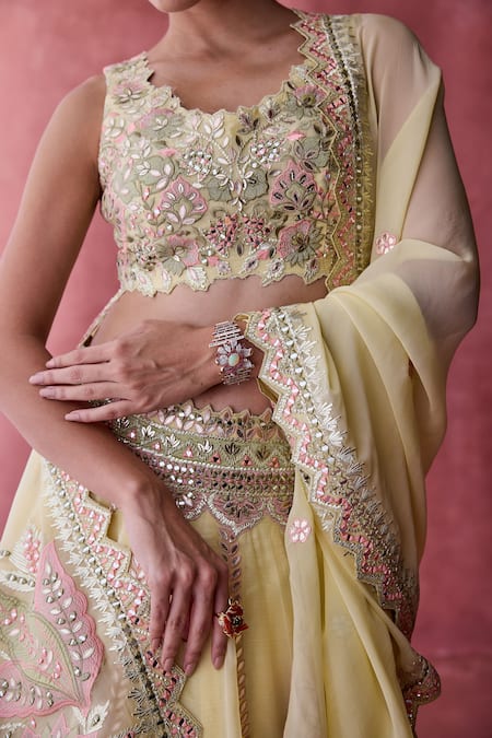Buy SUHINO Yellow Organza, Cotton Mirrors, Gota Patti, Noor Gul Patchwork Lehenga Set Online at Aza Fashions Buy_SUHINO_Yellow Organza, Cotton Mirrors, Gota Patti, Noor Gul Patchwork Lehenga Set _Online_at_Aza_Fashions