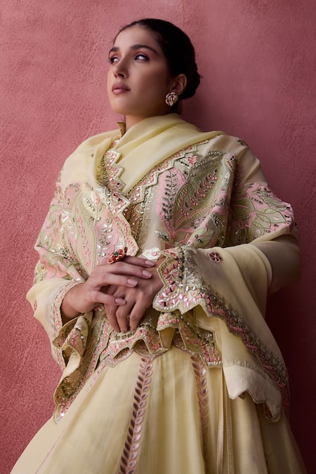 Shop SUHINO Yellow Organza, Cotton Mirrors, Gota Patti, Noor Gul Patchwork Lehenga Set Online at Aza Fashions Shop_SUHINO_Yellow Organza, Cotton Mirrors, Gota Patti, Noor Gul Patchwork Lehenga Set _Online_at_Aza_Fashions