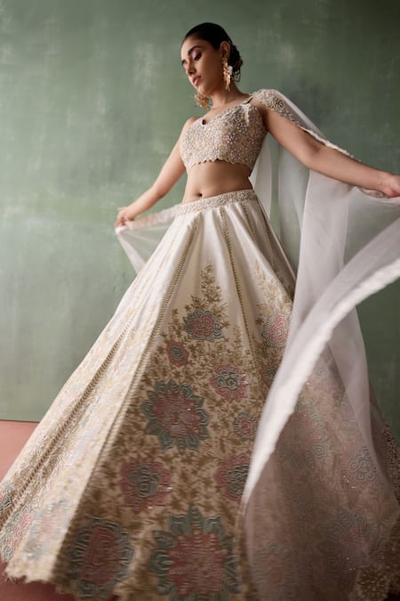 Shop_SUHINO_White Silk, Cotton, Organza Pearls, Applique, Gulaab Bahar Lehenga Set _Online_at_Aza_Fashions