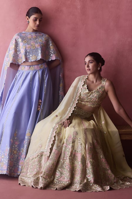 Buy SUHINO Purple Silk, Cotton, Organza Mirrors, Shabab Gul Embroidered Cape Lehenga Set Online at Aza Fashions Buy_SUHINO_Purple Silk, Cotton, Organza Mirrors, Shabab Gul Embroidered Cape Lehenga Set _Online_at_Aza_Fashions