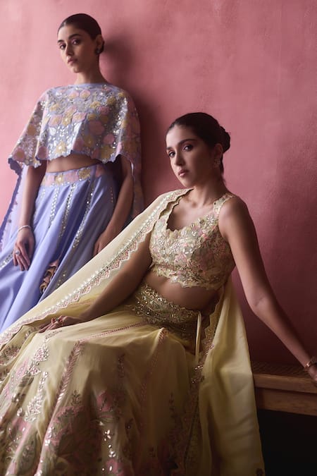 Shop SUHINO Purple Silk, Cotton, Organza Mirrors, Shabab Gul Embroidered Cape Lehenga Set Online at Aza Fashions Shop_SUHINO_Purple Silk, Cotton, Organza Mirrors, Shabab Gul Embroidered Cape Lehenga Set _Online_at_Aza_Fashions