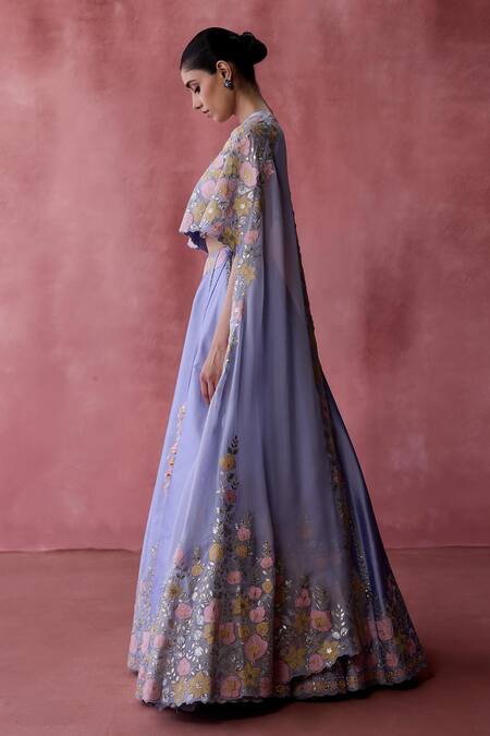 SUHINO Purple Silk, Cotton, Organza Mirrors, Shabab Gul Embroidered Cape Lehenga Set at Aza Fashions SUHINO_Purple Silk, Cotton, Organza Mirrors, Shabab Gul Embroidered Cape Lehenga Set _at_Aza_Fashions