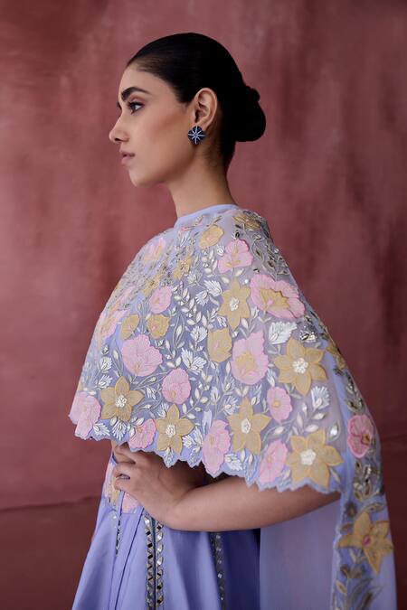 Buy SUHINO Purple Silk, Cotton, Organza Mirrors, Shabab Gul Embroidered Cape Lehenga Set Buy_SUHINO_Purple Silk, Cotton, Organza Mirrors, Shabab Gul Embroidered Cape Lehenga Set