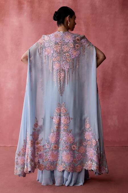 Shop_SUHINO_Blue Georgette, Cotton Embroidery, Mirrors Padma Patchwork Cape Sharara Set _at_Aza_Fashions