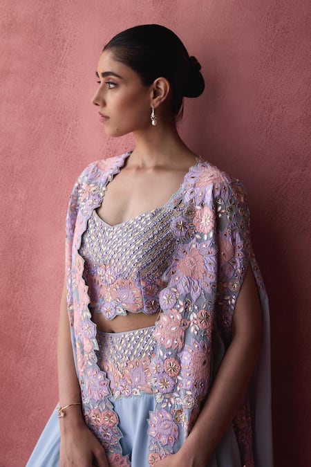 SUHINO_Blue Georgette, Cotton Embroidery, Mirrors Padma Patchwork Cape Sharara Set _Online_at_Aza_Fashions
