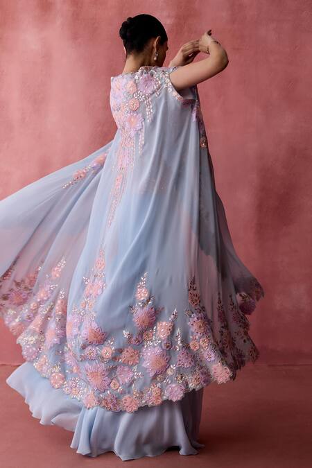 Buy_SUHINO_Blue Georgette, Cotton Embroidery, Mirrors Padma Patchwork Cape Sharara Set _Online_at_Aza_Fashions