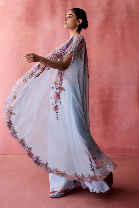 Shop_SUHINO_Blue Georgette, Cotton Embroidery, Mirrors Padma Patchwork Cape Sharara Set _Online_at_Aza_Fashions