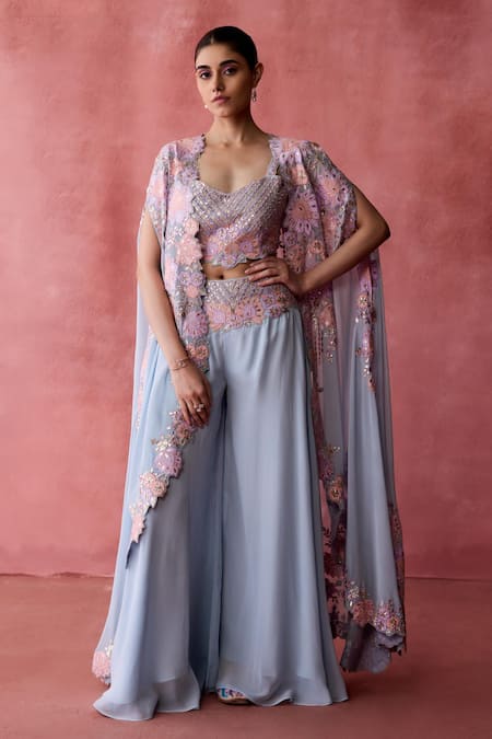 SUHINO_Blue Georgette, Cotton Embroidery, Mirrors Padma Patchwork Cape Sharara Set _at_Aza_Fashions