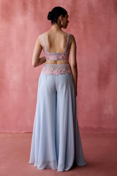 Buy_SUHINO_Blue Georgette, Cotton Embroidery, Mirrors Padma Patchwork Cape Sharara Set 