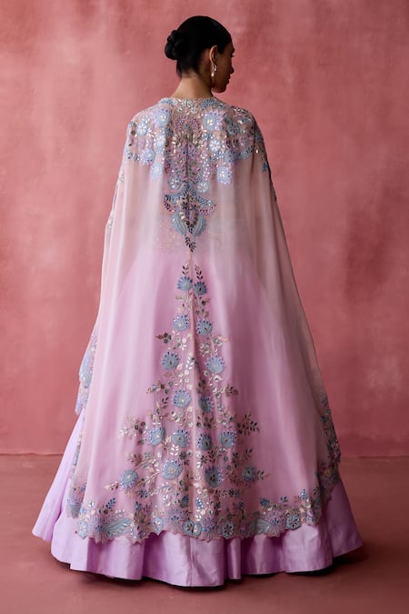 SUHINO Pink Georgette, Cotton Embroidery, Peony Bloom Patchwork Cape Lehenga Set Online at Aza Fashions SUHINO_Pink Georgette, Cotton Embroidery, Peony Bloom Patchwork Cape Lehenga Set _Online_at_Aza_Fashions