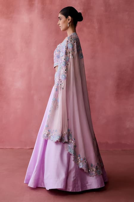 Buy SUHINO Pink Georgette, Cotton Embroidery, Peony Bloom Patchwork Cape Lehenga Set Online at Aza Fashions Buy_SUHINO_Pink Georgette, Cotton Embroidery, Peony Bloom Patchwork Cape Lehenga Set _Online_at_Aza_Fashions